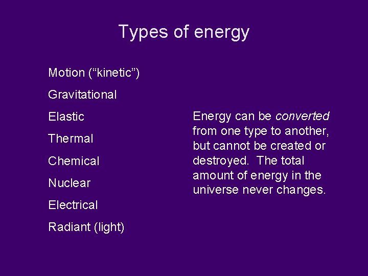 Types of energy Motion (“kinetic”) Gravitational Elastic Thermal Chemical Nuclear Electrical Radiant (light) Energy