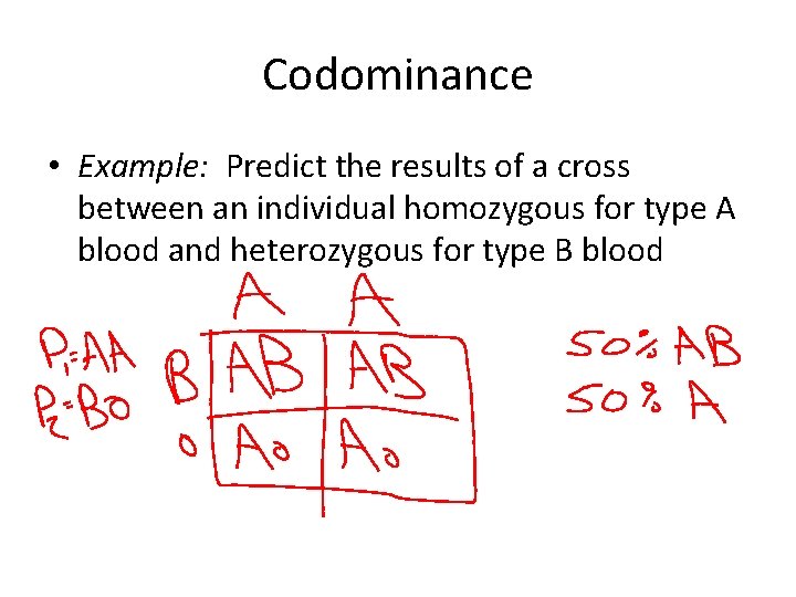 Codominance • Example: Predict the results of a cross between an individual homozygous for