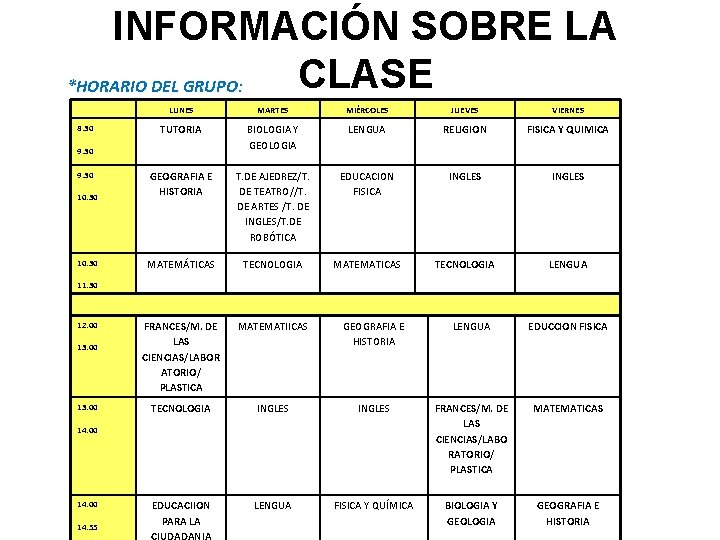 INFORMACIÓN SOBRE LA CLASE *HORARIO DEL GRUPO: 8: 30 LUNES MARTES MIÉRCOLES JUEVES VIERNES