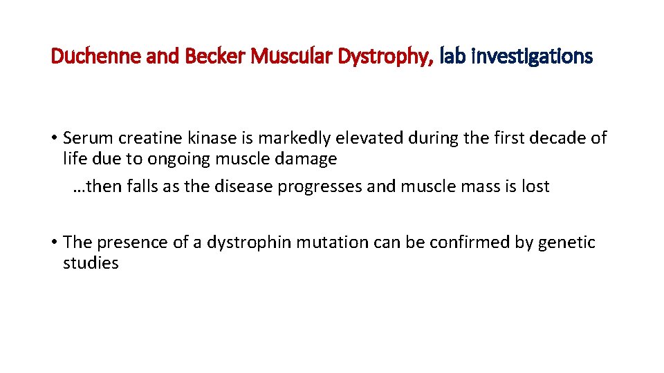 Duchenne and Becker Muscular Dystrophy, lab investigations • Serum creatine kinase is markedly elevated