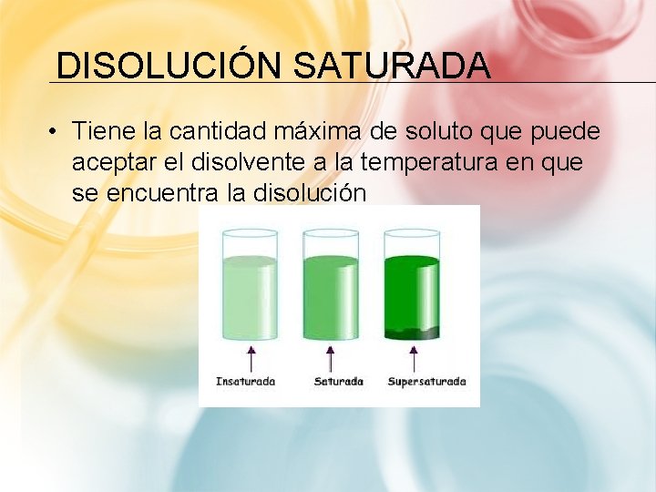 DISOLUCIÓN SATURADA • Tiene la cantidad máxima de soluto que puede aceptar el disolvente DISOLUCIÓN SATURADA • Tiene la cantidad máxima de soluto que puede aceptar el disolvente