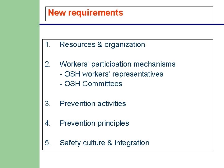 New requirements 1. Resources & organization 2. Workers’ participation mechanisms - OSH workers’ representatives New requirements 1. Resources & organization 2. Workers’ participation mechanisms - OSH workers’ representatives