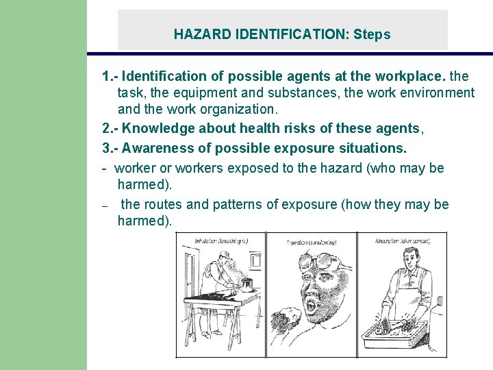 HAZARD IDENTIFICATION: Steps 1. - Identification of possible agents at the workplace. the task, HAZARD IDENTIFICATION: Steps 1. - Identification of possible agents at the workplace. the task,