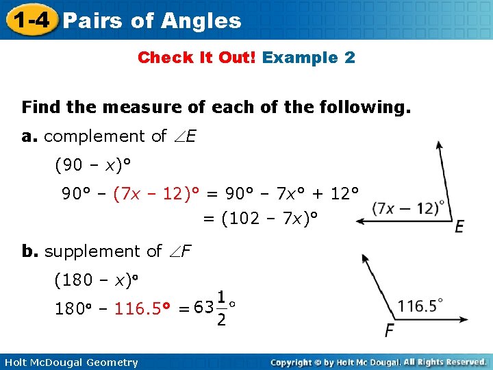 1 -4 Pairs of Angles Check It Out! Example 2 Find the measure of