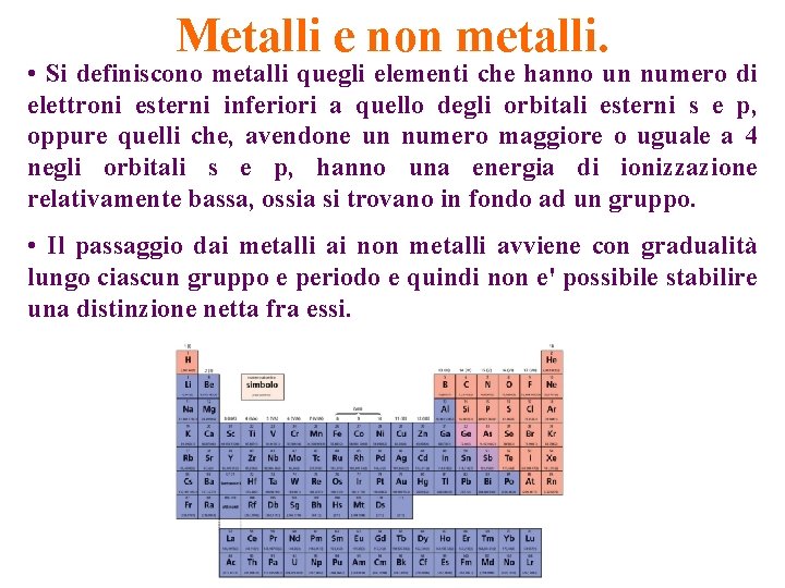 Metalli e non metalli. • Si definiscono metalli quegli elementi che hanno un numero