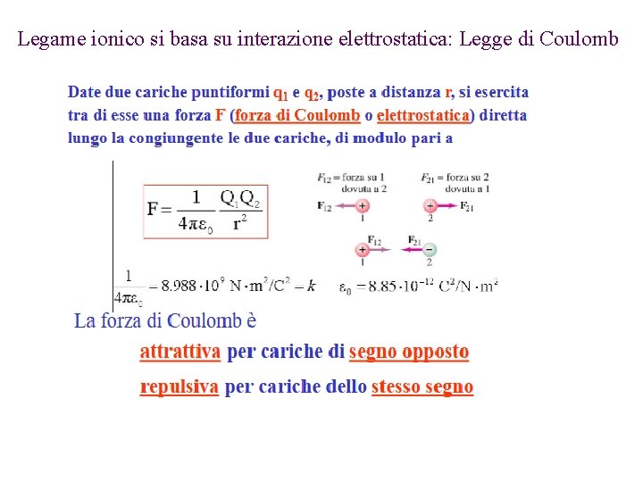 Legame ionico si basa su interazione elettrostatica: Legge di Coulomb 