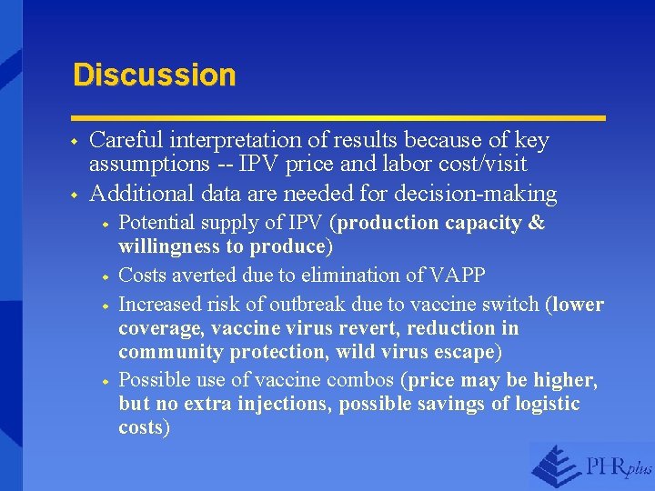 Discussion w w Careful interpretation of results because of key assumptions -- IPV price