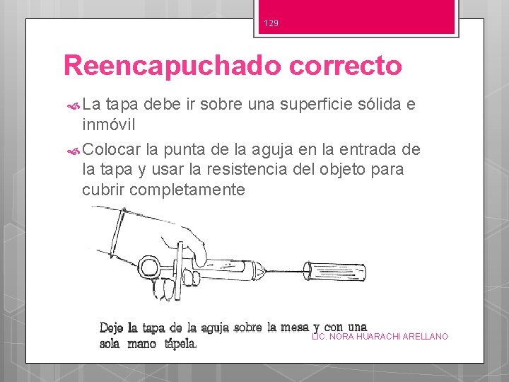 129 Reencapuchado correcto La tapa debe ir sobre una superficie sólida e inmóvil Colocar