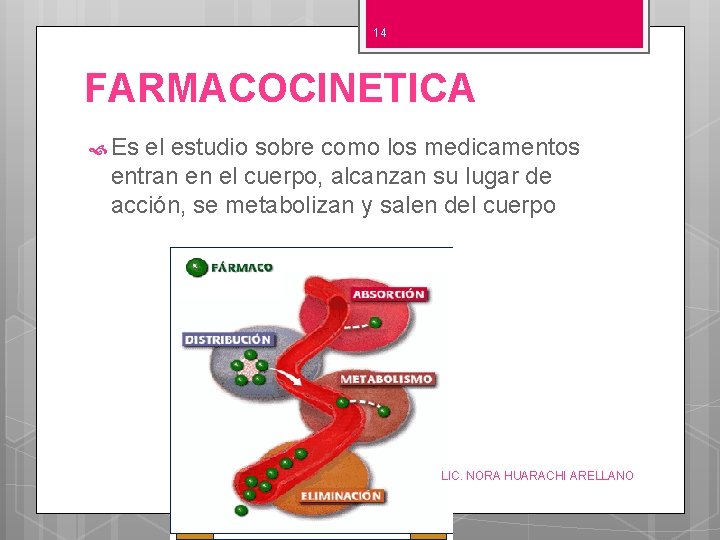 14 FARMACOCINETICA Es el estudio sobre como los medicamentos entran en el cuerpo, alcanzan