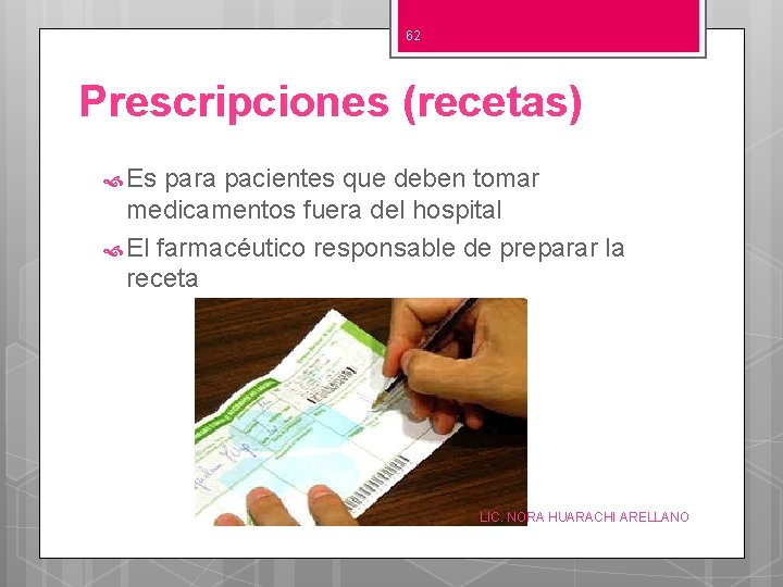 62 Prescripciones (recetas) Es para pacientes que deben tomar medicamentos fuera del hospital El