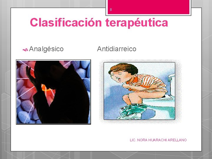 8 Clasificación terapéutica Analgésico Antidiarreico LIC. NORA HUARACHI ARELLANO 