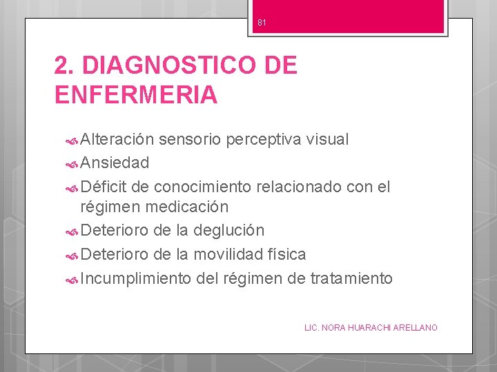 81 2. DIAGNOSTICO DE ENFERMERIA Alteración sensorio perceptiva visual Ansiedad Déficit de conocimiento relacionado