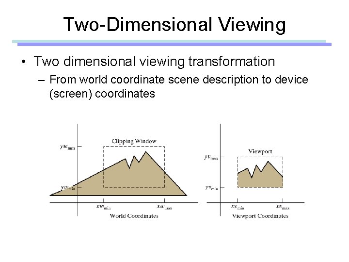 Two-Dimensional Viewing • Two dimensional viewing transformation – From world coordinate scene description to