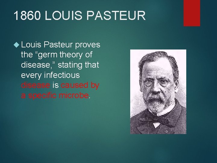 1860 LOUIS PASTEUR Louis Pasteur proves the “germ theory of disease, ” stating that
