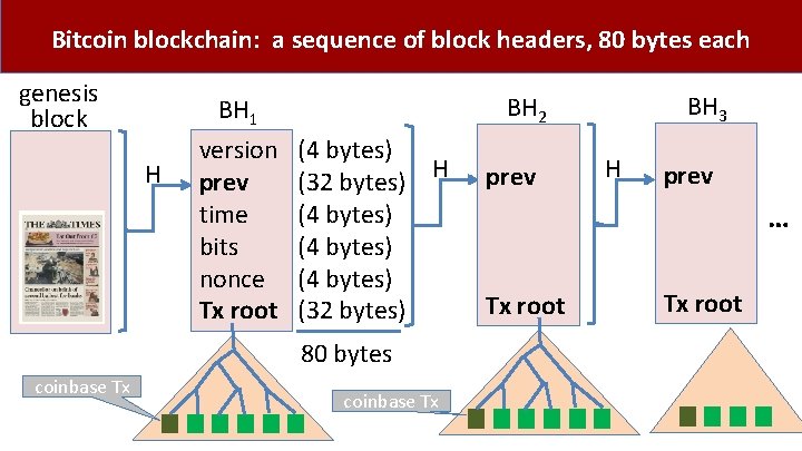 Bitcoin blockchain: a sequence of block headers, 80 bytes each genesis block H version