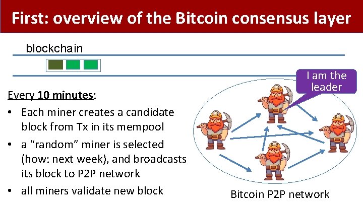 First: overview of the Bitcoin consensus layer blockchain Every 10 minutes: • Each miner