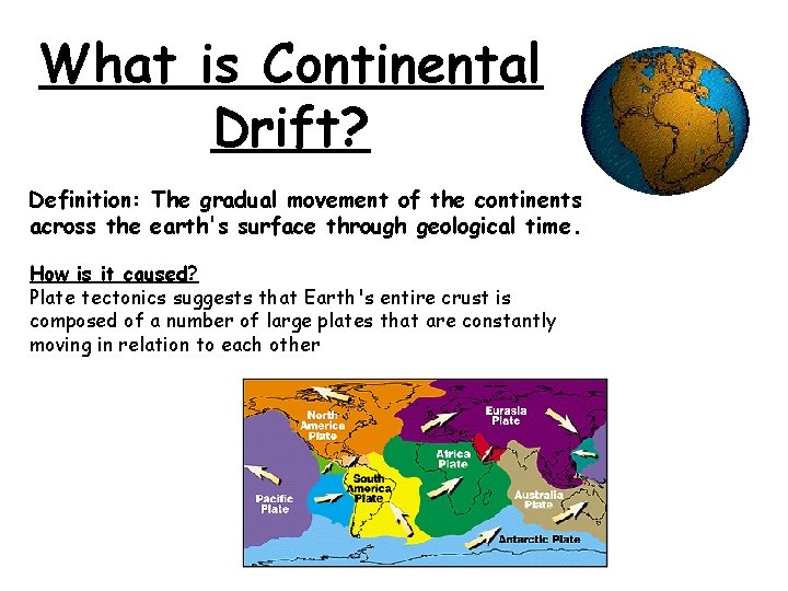 What is Continental Drift? Definition: The gradual movement of the continents across the earth's