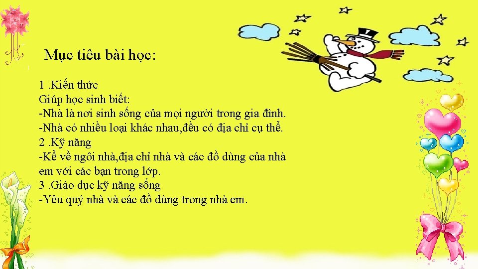 Mục tiêu bài học: 1. Kiến thức Giúp học sinh biết: -Nhà là nơi