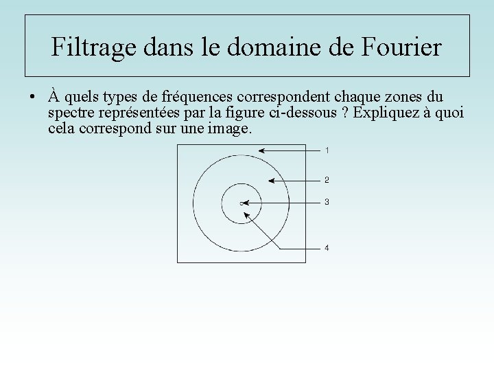 Filtrage dans le domaine de Fourier • À quels types de fréquences correspondent chaque