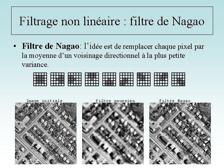 Filtrage non linéaire : filtre de Nagao • Filtre de Nagao: l’idée est de
