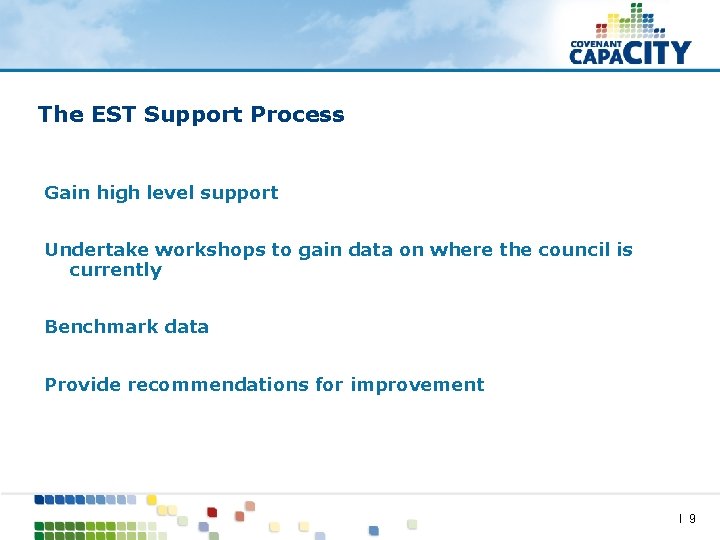 The EST Support Process Gain high level support Undertake workshops to gain data on