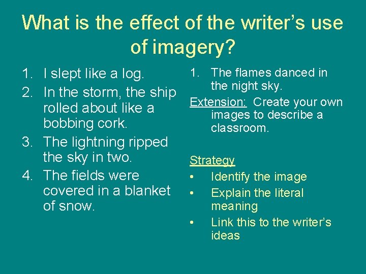 What is the effect of the writer’s use of imagery? 1. I slept like