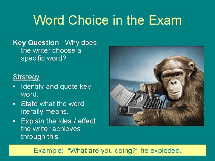 Word Choice in the Exam Key Question: Why does the writer choose a specific