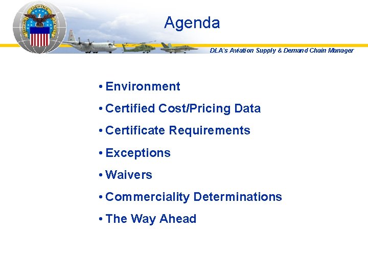 Agenda DLA's Aviation Supply & Demand Chain Manager • Environment • Certified Cost/Pricing Data