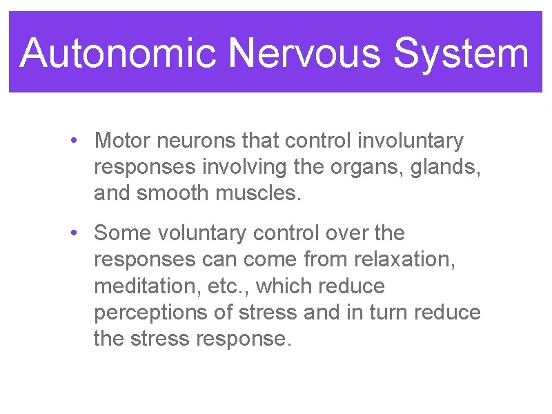 Autonomic Nervous System • Motor neurons that control involuntary responses involving the organs, glands,