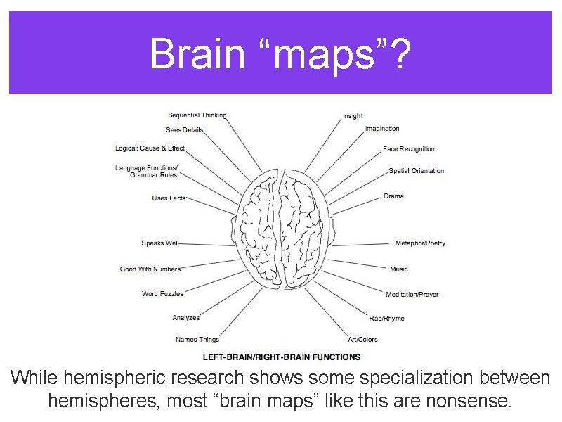 Brain “maps”? While hemispheric research shows some specialization between hemispheres, most “brain maps” like