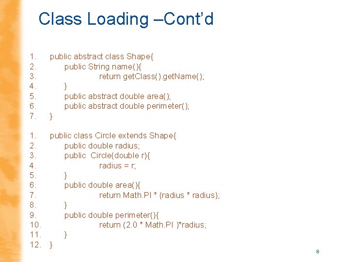 Class Loading –Cont’d 1. 2. 3. 4. 5. 6. 7. public abstract class Shape{