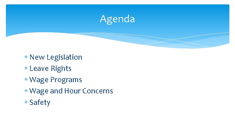 Agenda New Legislation Leave Rights Wage Programs Wage and Hour Concerns Safety 