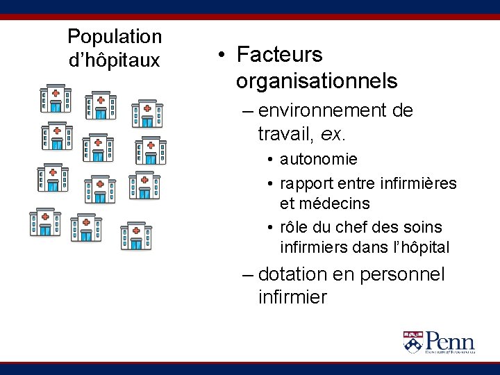 Population d’hôpitaux • Facteurs organisationnels – environnement de travail, ex. • autonomie • rapport