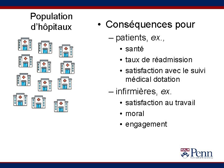 Population d’hôpitaux • Conséquences pour – patients, ex. , • santé • taux de