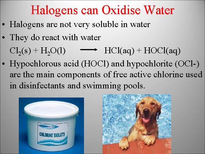 Halogens can Oxidise Water • Halogens are not very soluble in water • They