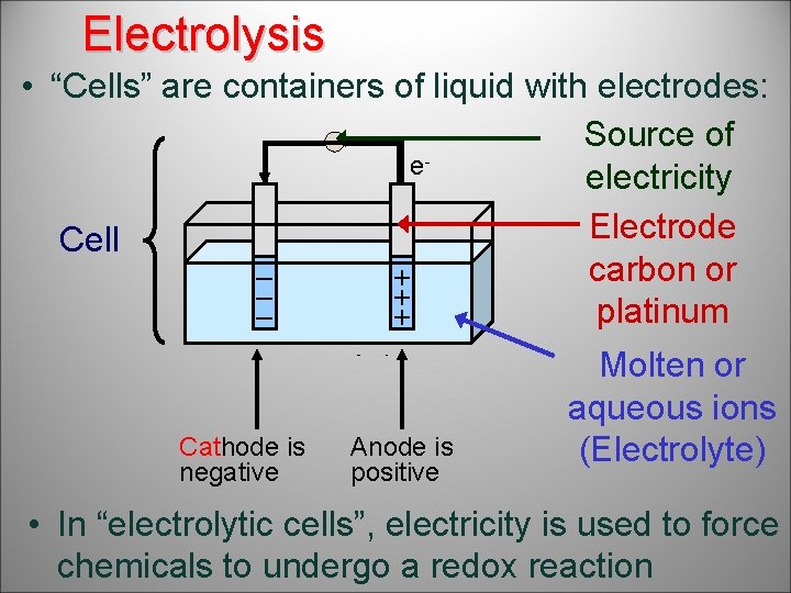 Electrolysis – used to separate ions • “Cells” are containers of liquid with electrodes: