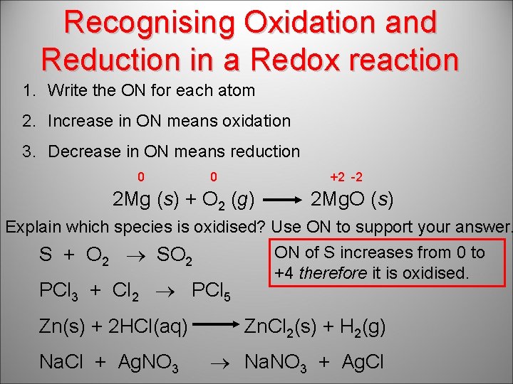 Recognising Oxidation and Reduction in a Redox reaction 1. Write the ON for each