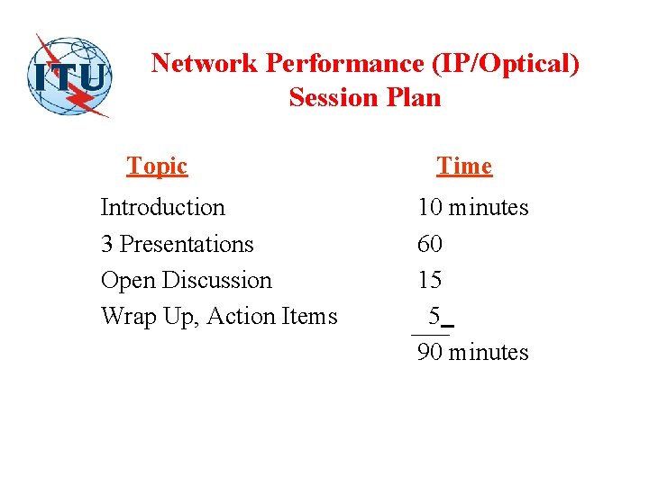 Network Performance (IP/Optical) Session Plan Topic Introduction 3 Presentations Open Discussion Wrap Up, Action