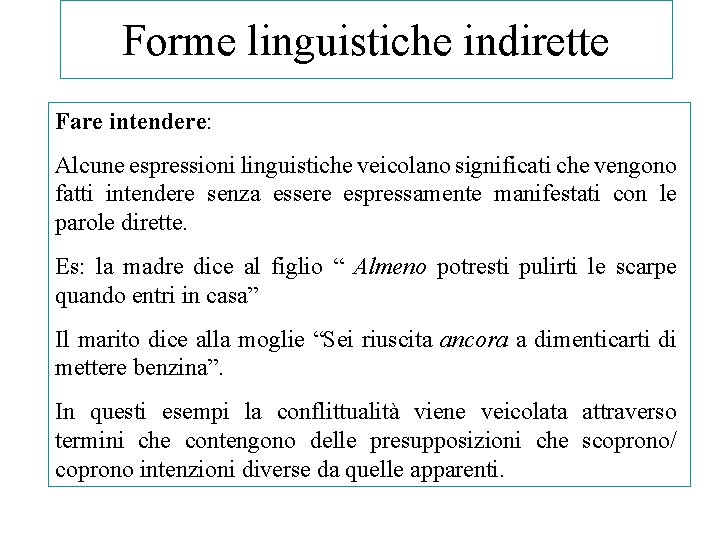 Forme linguistiche indirette Fare intendere: Alcune espressioni linguistiche veicolano significati che vengono fatti intendere