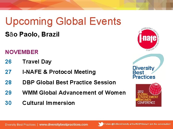 Upcoming Global Events São Paolo, Brazil NOVEMBER 26 Travel Day 27 I-NAFE & Protocol