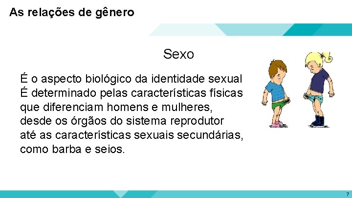 As relações de gênero Sexo É o aspecto biológico da identidade sexual É determinado
