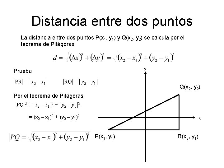 Distancia entre dos puntos La distancia entre dos puntos P(x 1, y 1) y