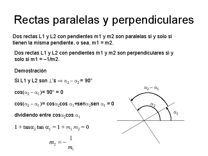 Rectas paralelas y perpendiculares Dos rectas L 1 y L 2 con pendientes m