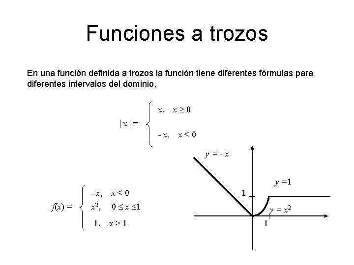 Funciones a trozos En una función definida a trozos la función tiene diferentes fórmulas