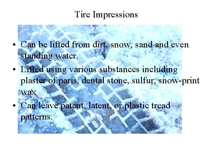 Tire Impressions • Can be lifted from dirt, snow, sand even standing water. •