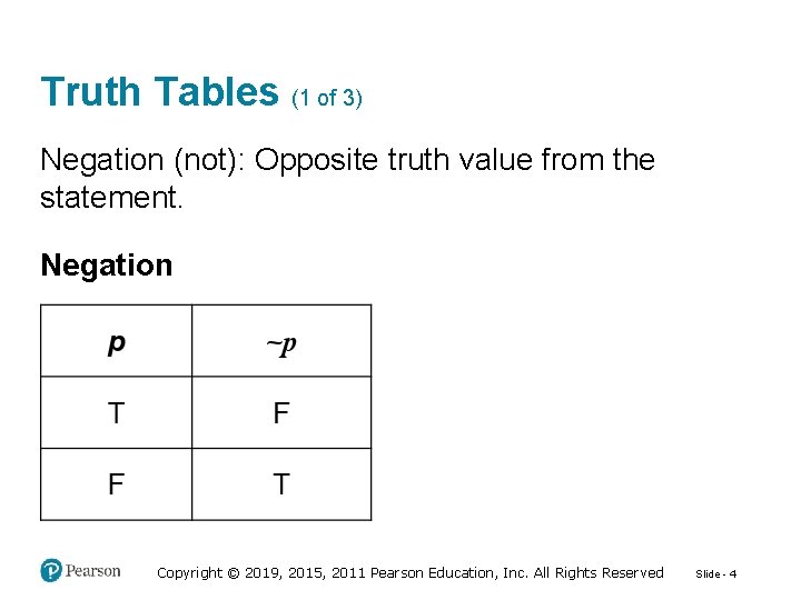Truth Tables (1 of 3) Negation (not): Opposite truth value from the statement. Negation