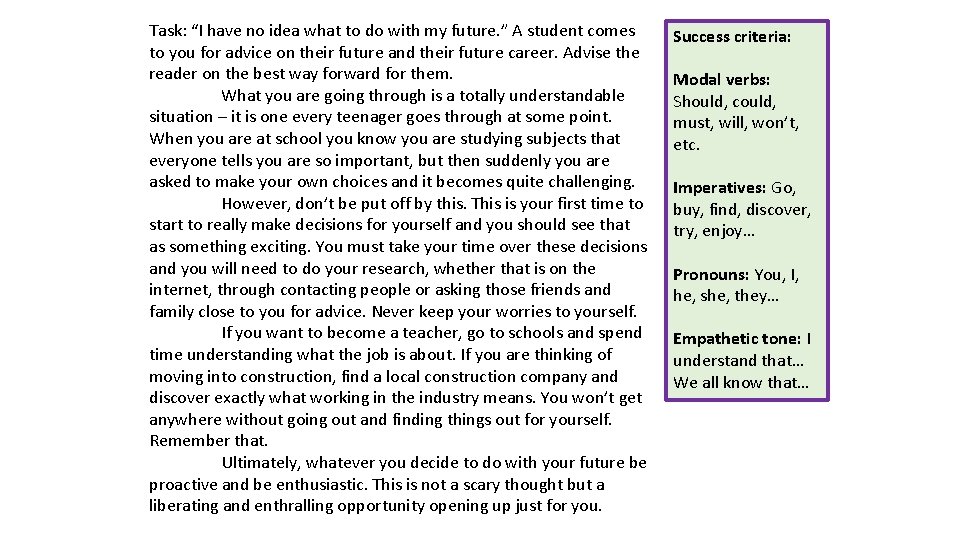 Task: “I have no idea what to do with my future. ” A student