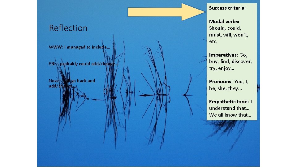 Success criteria: Reflection WWW: I managed to include… Modal verbs: Should, could, must, will,