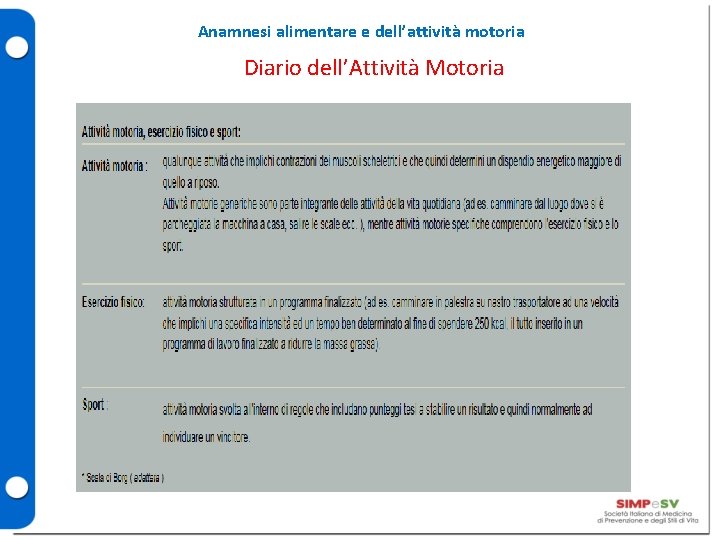 Anamnesi alimentare e dell’attività motoria Diario dell’Attività Motoria 