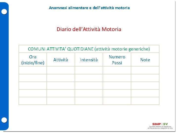 Anamnesi alimentare e dell’attività motoria Diario dell’Attività Motoria COMUNI ATTIVITA' QUOTIDIANE (attività motorie generiche)